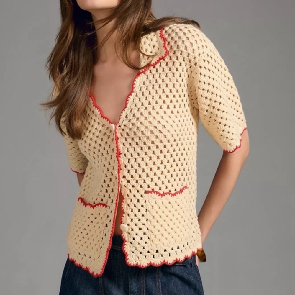 Anthropologie Greylin Crotchet Scalloped Polo Cardigan Sweater